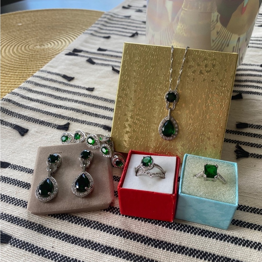 Silver and Emerald Costume Jewelry Six Piece Set